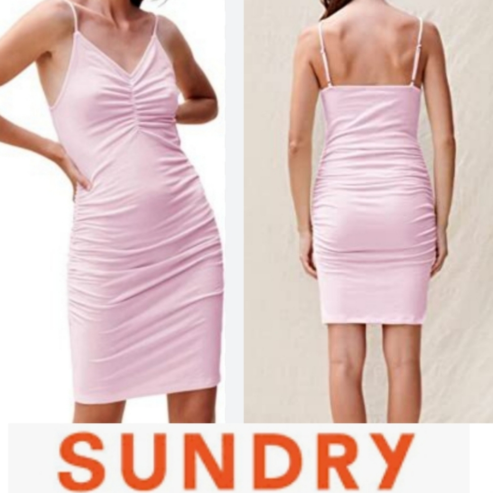 Sundry Pink V-Neck Ruched Sides Mini Sundress Spaghetti Straps Double Lined